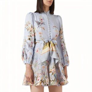 Zimmermann Rebellion Long Sleeve Linen Belted Minidress